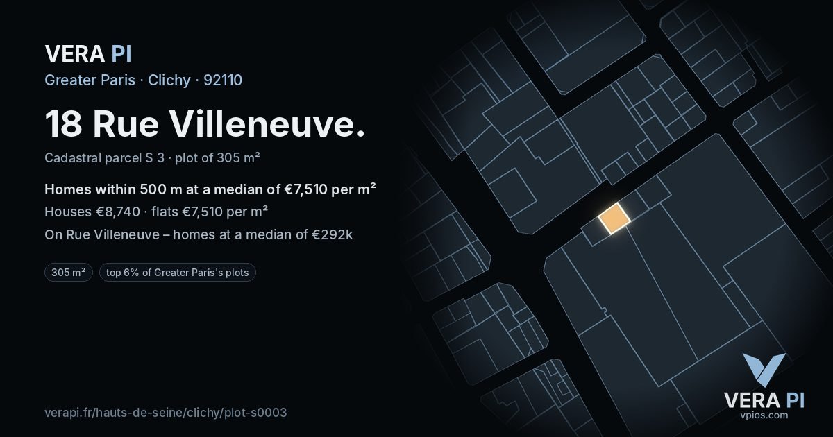 18 Rue Villeneuve, Clichy at night – the plot lit, the parcels around coloured by the prices near them