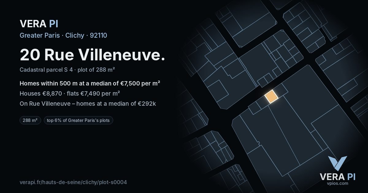 20 Rue Villeneuve, Clichy at night – the plot lit, the parcels around coloured by the prices near them