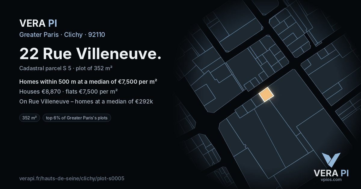 22 Rue Villeneuve, Clichy at night – the plot lit, the parcels around coloured by the prices near them