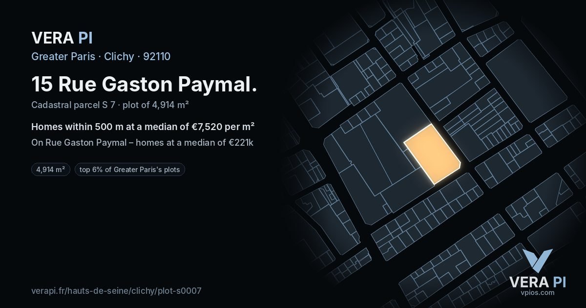 15 Rue Gaston Paymal, Clichy at night – the plot lit, the parcels around coloured by the prices near them