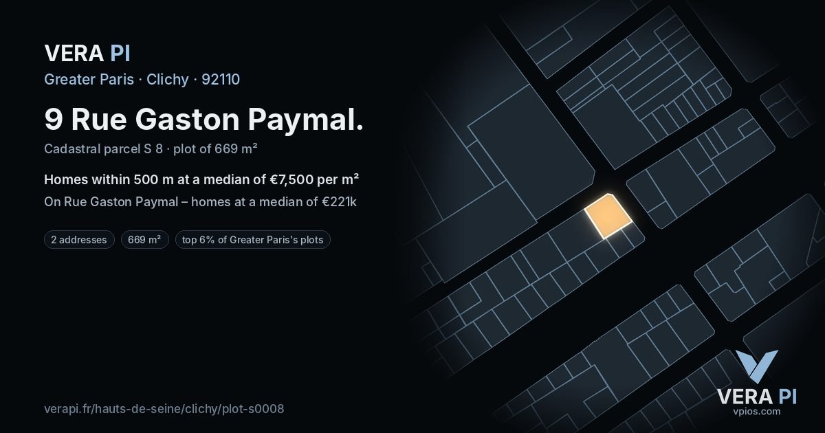 9 Rue Gaston Paymal, Clichy at night – the plot lit, the parcels around coloured by the prices near them