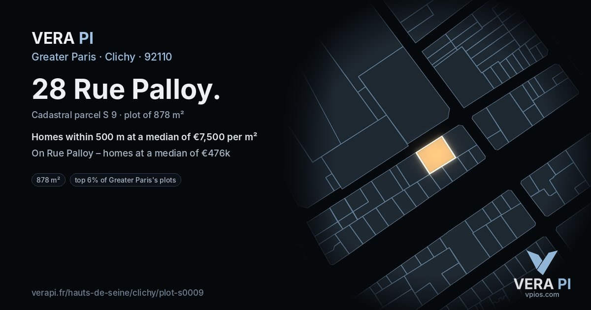 28 Rue Palloy, Clichy at night – the plot lit, the parcels around coloured by the prices near them