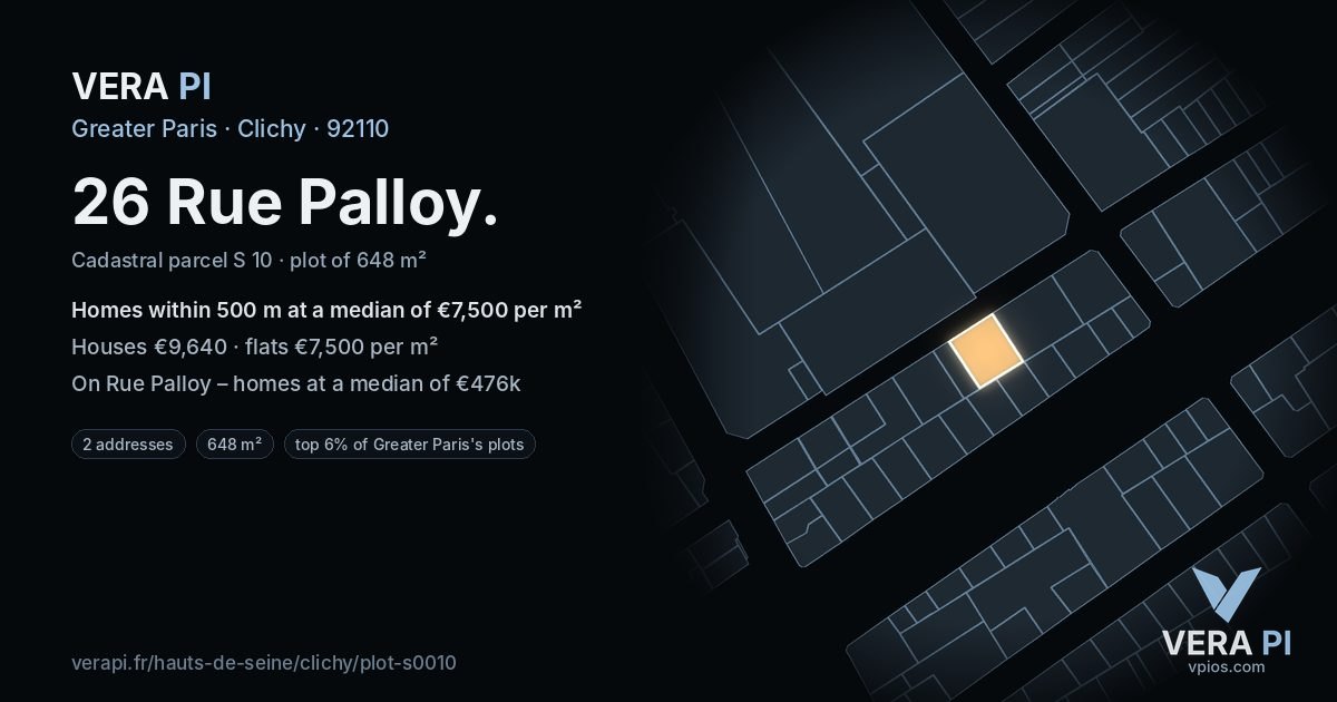 26 Rue Palloy, Clichy at night – the plot lit, the parcels around coloured by the prices near them