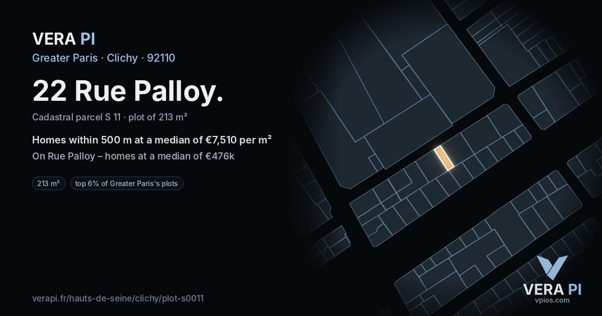 22 Rue Palloy, Clichy at night – the plot lit, the parcels around coloured by the prices near them
