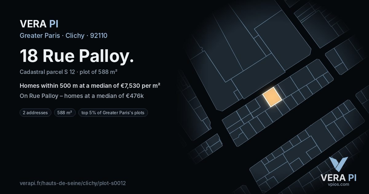 18 Rue Palloy, Clichy at night – the plot lit, the parcels around coloured by the prices near them