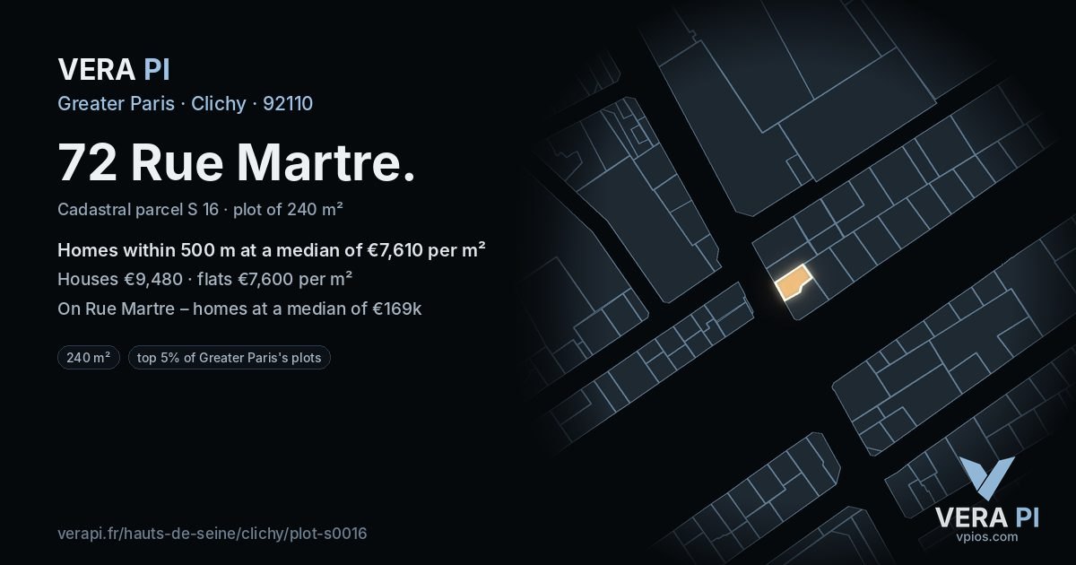 72 Rue Martre, Clichy at night – the plot lit, the parcels around coloured by the prices near them