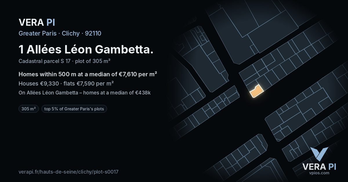 1 Allées Léon Gambetta, Clichy at night – the plot lit, the parcels around coloured by the prices near them