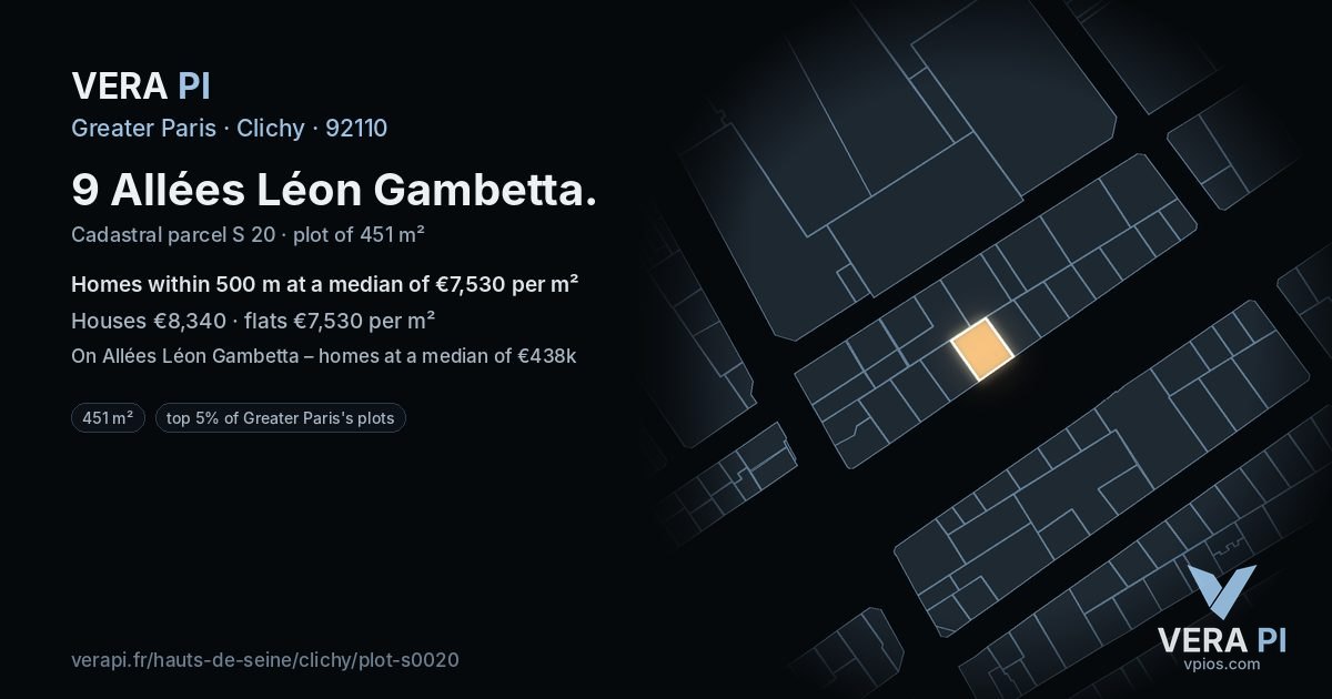 9 Allées Léon Gambetta, Clichy at night – the plot lit, the parcels around coloured by the prices near them
