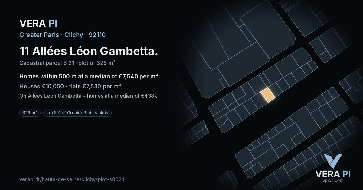 11 Allées Léon Gambetta, Clichy at night – the plot lit, the parcels around coloured by the prices near them
