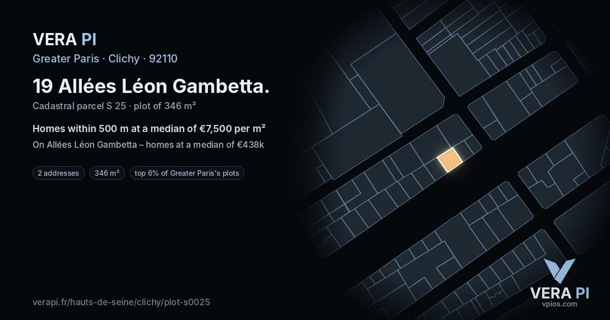 19 Allées Léon Gambetta, Clichy at night – the plot lit, the parcels around coloured by the prices near them