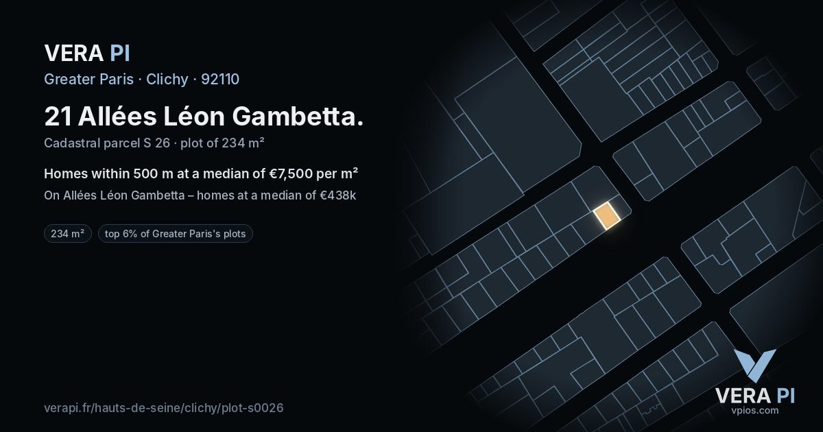 21 Allées Léon Gambetta, Clichy at night – the plot lit, the parcels around coloured by the prices near them