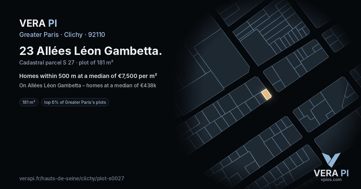 23 Allées Léon Gambetta, Clichy at night – the plot lit, the parcels around coloured by the prices near them