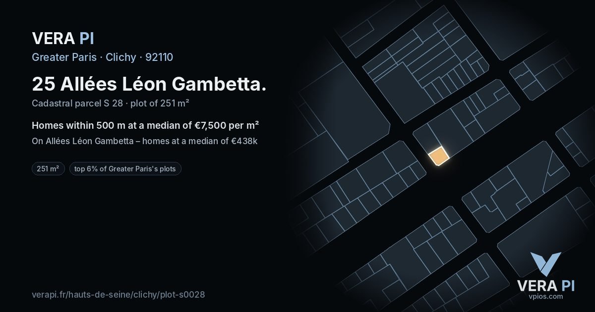 25 Allées Léon Gambetta, Clichy at night – the plot lit, the parcels around coloured by the prices near them