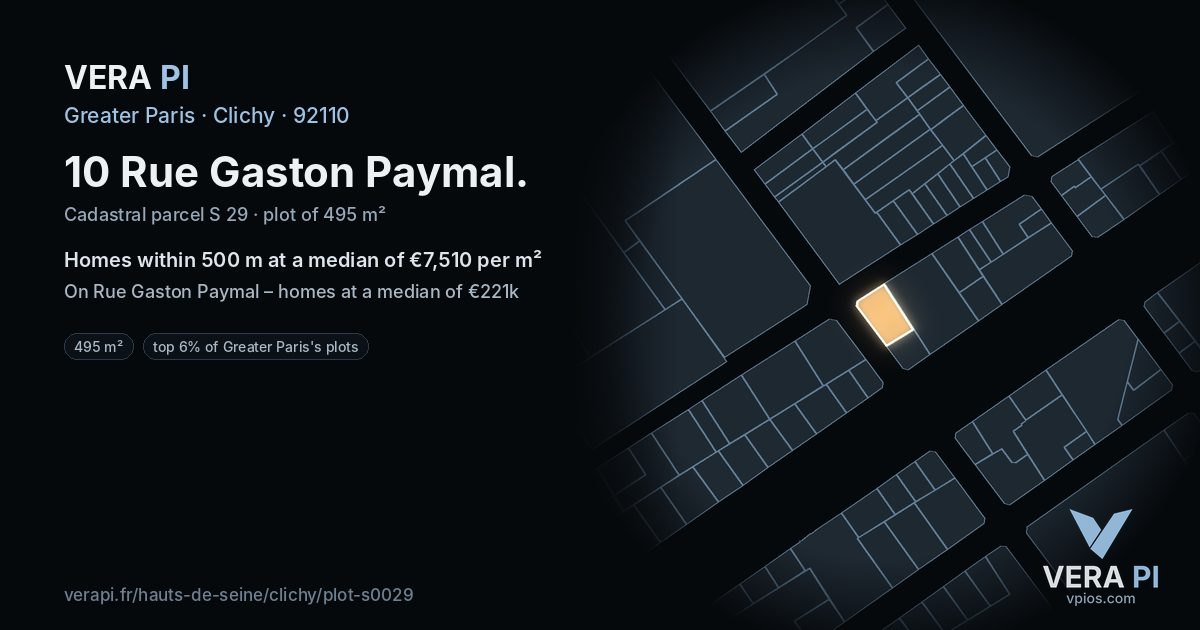 10 Rue Gaston Paymal, Clichy at night – the plot lit, the parcels around coloured by the prices near them