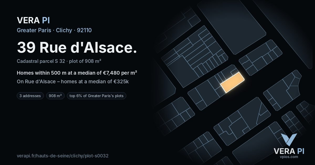 39 Rue d'Alsace, Clichy at night – the plot lit, the parcels around coloured by the prices near them