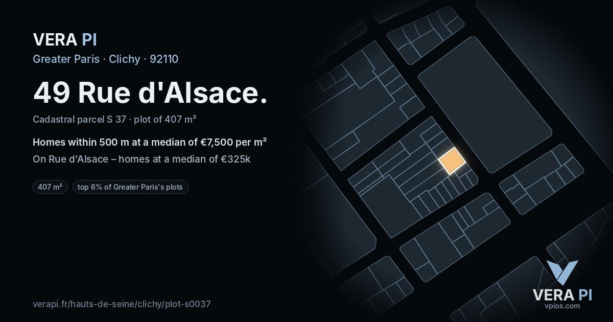 49 Rue d'Alsace, Clichy at night – the plot lit, the parcels around coloured by the prices near them
