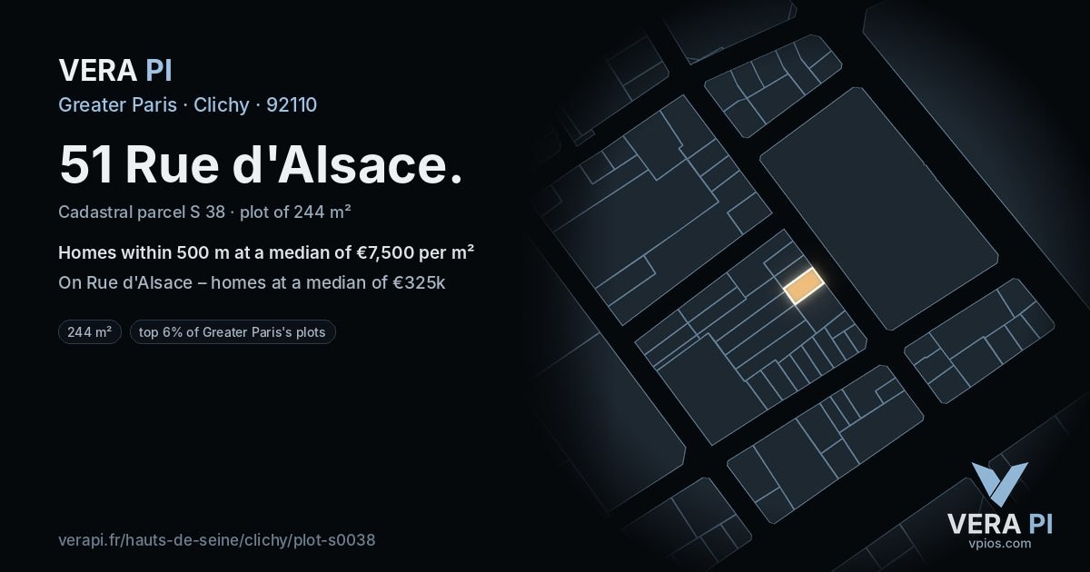51 Rue d'Alsace, Clichy at night – the plot lit, the parcels around coloured by the prices near them
