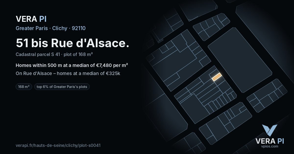 51 bis Rue d'Alsace, Clichy at night – the plot lit, the parcels around coloured by the prices near them