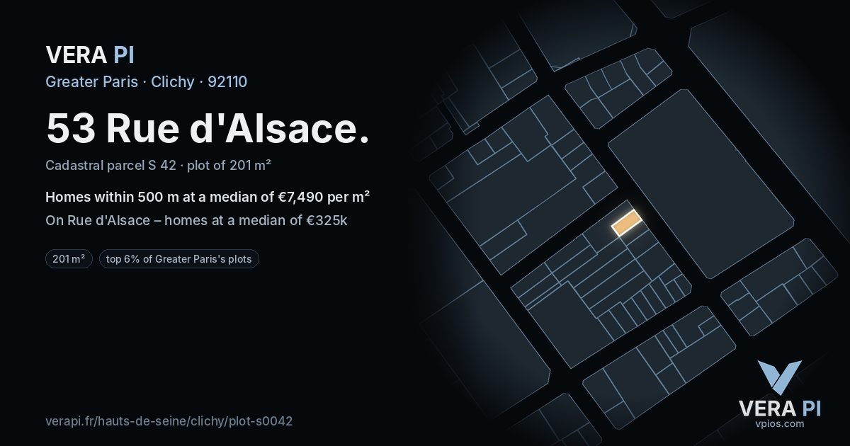 53 Rue d'Alsace, Clichy at night – the plot lit, the parcels around coloured by the prices near them