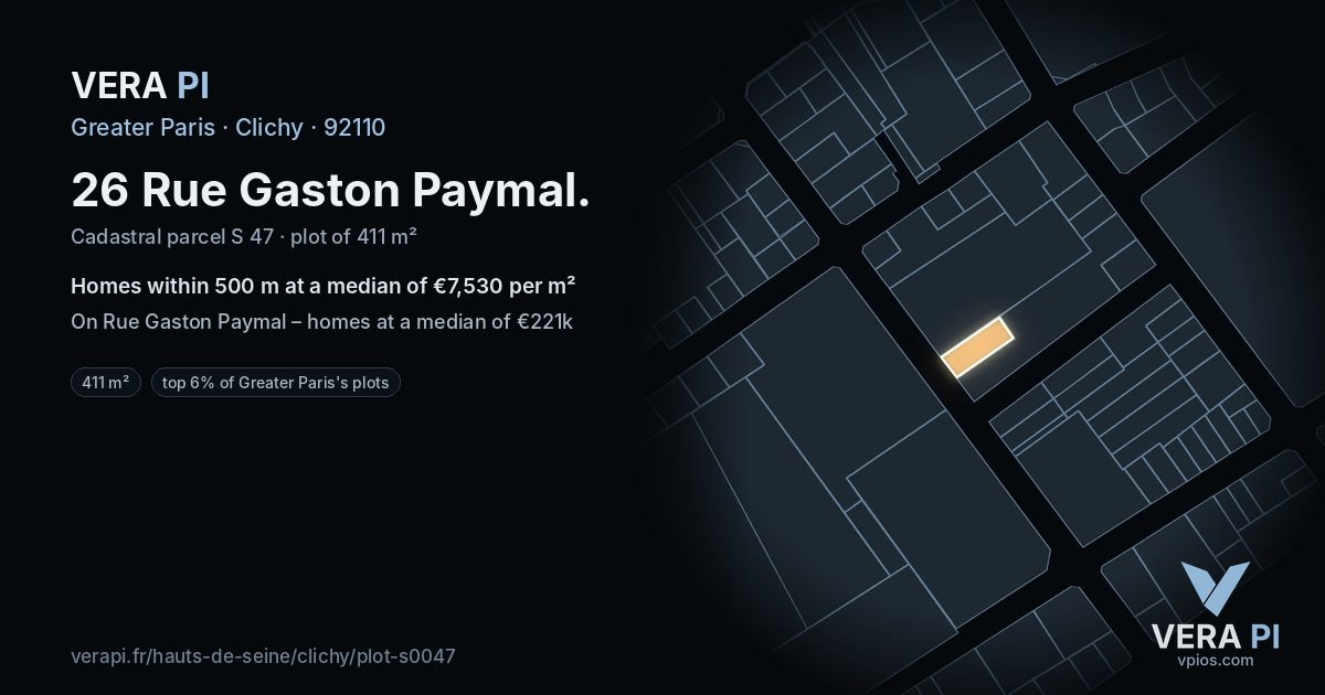 26 Rue Gaston Paymal, Clichy at night – the plot lit, the parcels around coloured by the prices near them