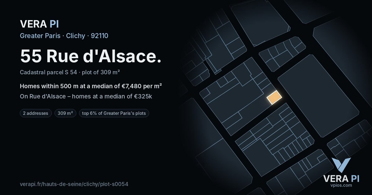 55 Rue d'Alsace, Clichy at night – the plot lit, the parcels around coloured by the prices near them