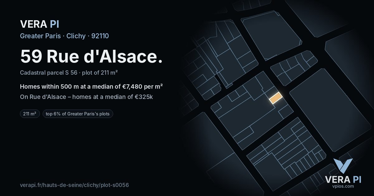 59 Rue d'Alsace, Clichy at night – the plot lit, the parcels around coloured by the prices near them