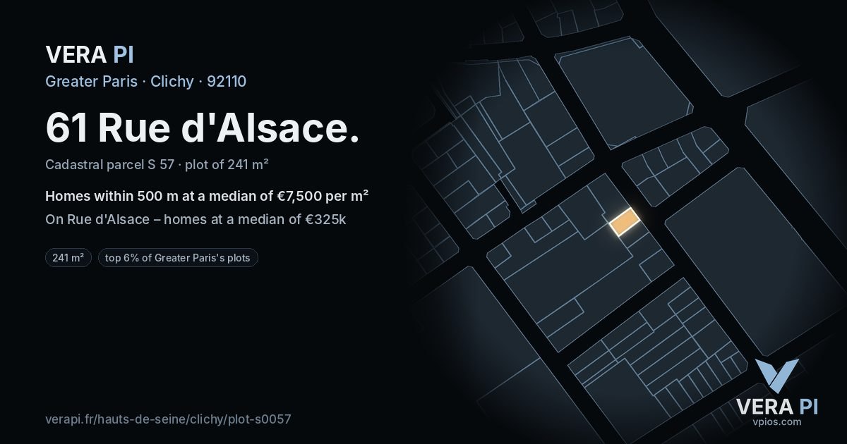 61 Rue d'Alsace, Clichy at night – the plot lit, the parcels around coloured by the prices near them