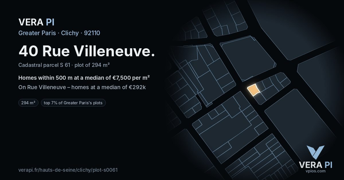 40 Rue Villeneuve, Clichy at night – the plot lit, the parcels around coloured by the prices near them