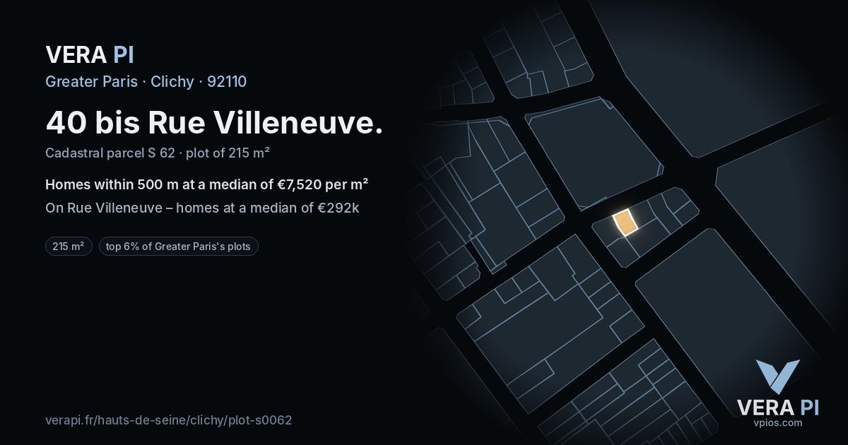 40 bis Rue Villeneuve, Clichy at night – the plot lit, the parcels around coloured by the prices near them
