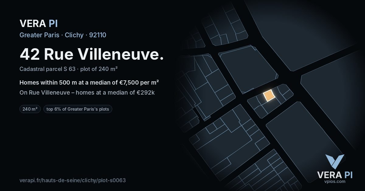 42 Rue Villeneuve, Clichy at night – the plot lit, the parcels around coloured by the prices near them