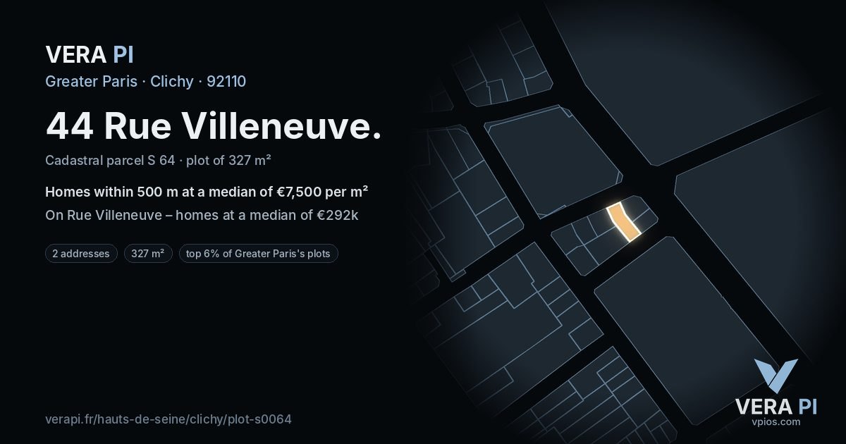 44 Rue Villeneuve, Clichy at night – the plot lit, the parcels around coloured by the prices near them
