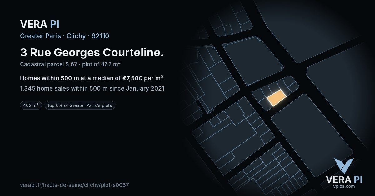 3 Rue Georges Courteline, Clichy at night – the plot lit, the parcels around coloured by the prices near them