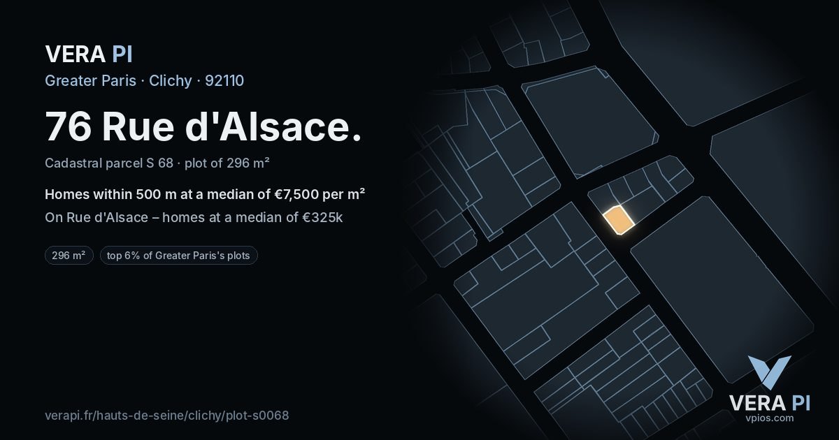 76 Rue d'Alsace, Clichy at night – the plot lit, the parcels around coloured by the prices near them