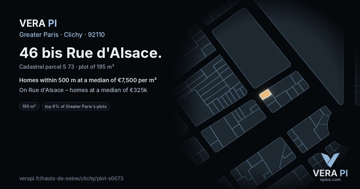 46 bis Rue d'Alsace, Clichy at night – the plot lit, the parcels around coloured by the prices near them