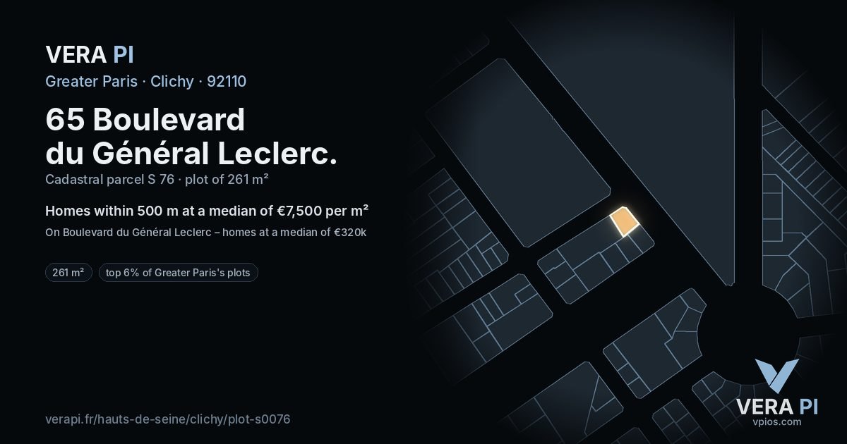 65 Boulevard du Général Leclerc, Clichy at night – the plot lit, the parcels around coloured by the prices near them