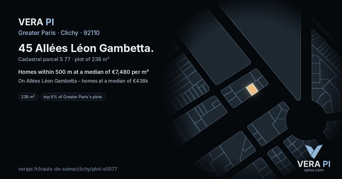 45 Allées Léon Gambetta, Clichy at night – the plot lit, the parcels around coloured by the prices near them
