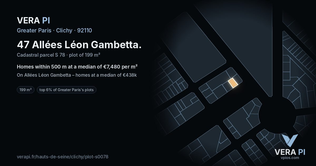 47 Allées Léon Gambetta, Clichy at night – the plot lit, the parcels around coloured by the prices near them