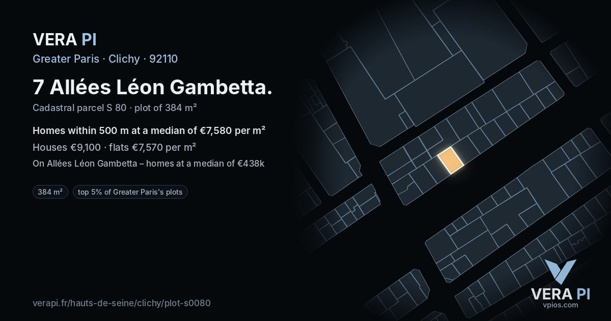7 Allées Léon Gambetta, Clichy at night – the plot lit, the parcels around coloured by the prices near them