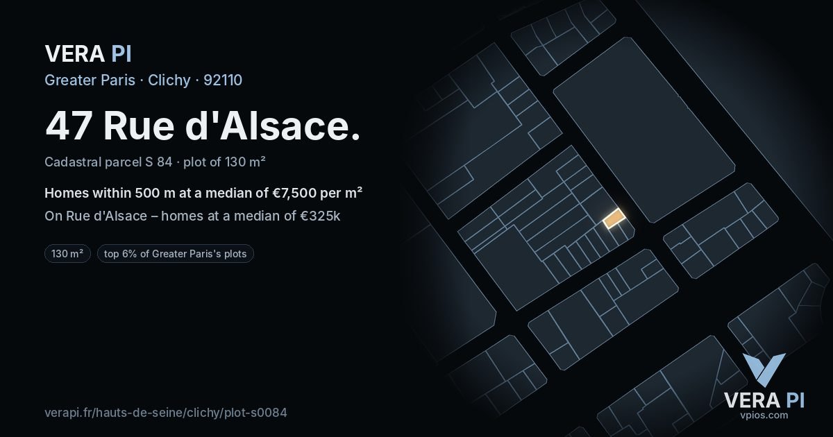 47 Rue d'Alsace, Clichy at night – the plot lit, the parcels around coloured by the prices near them