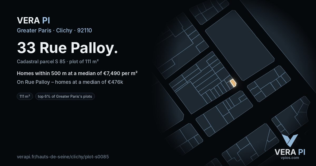 33 Rue Palloy, Clichy at night – the plot lit, the parcels around coloured by the prices near them