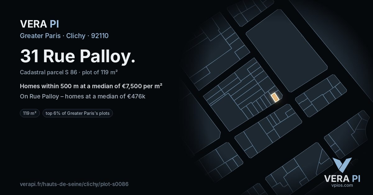 31 Rue Palloy, Clichy at night – the plot lit, the parcels around coloured by the prices near them
