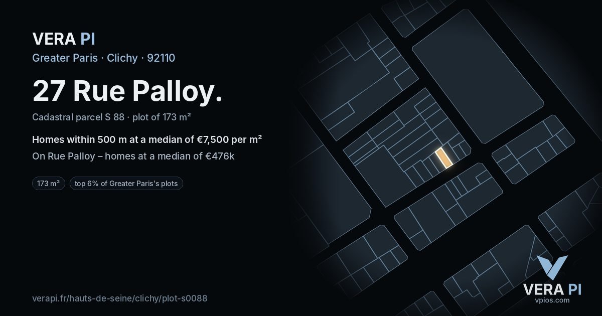 27 Rue Palloy, Clichy at night – the plot lit, the parcels around coloured by the prices near them