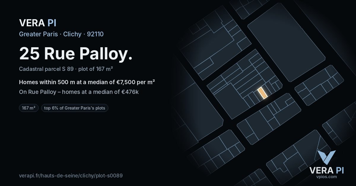25 Rue Palloy, Clichy at night – the plot lit, the parcels around coloured by the prices near them