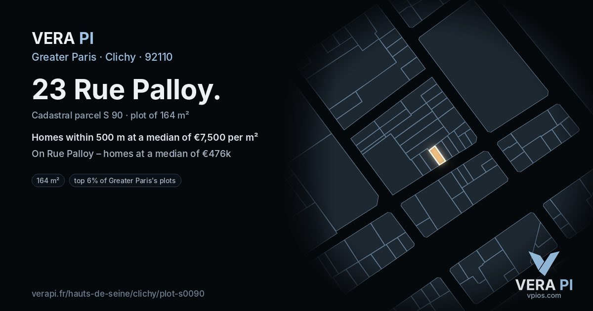 23 Rue Palloy, Clichy at night – the plot lit, the parcels around coloured by the prices near them