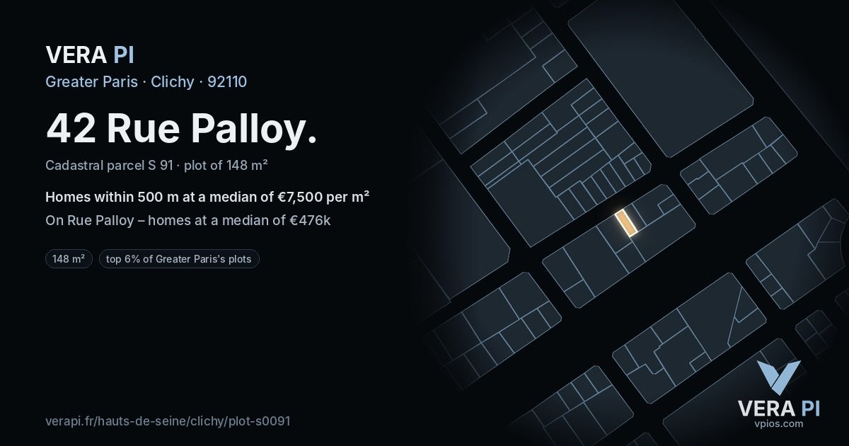 42 Rue Palloy, Clichy at night – the plot lit, the parcels around coloured by the prices near them