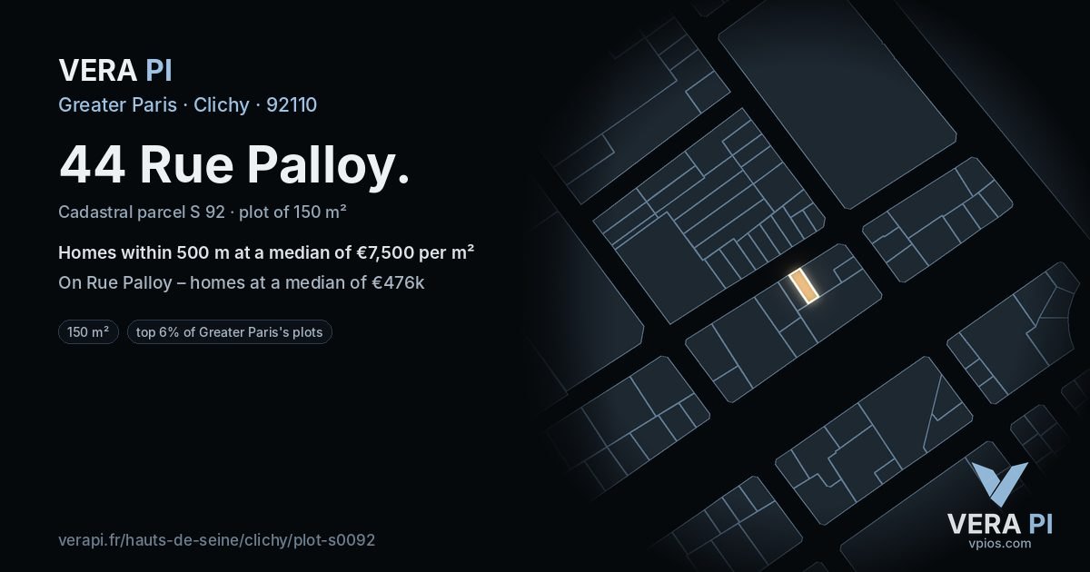 44 Rue Palloy, Clichy at night – the plot lit, the parcels around coloured by the prices near them