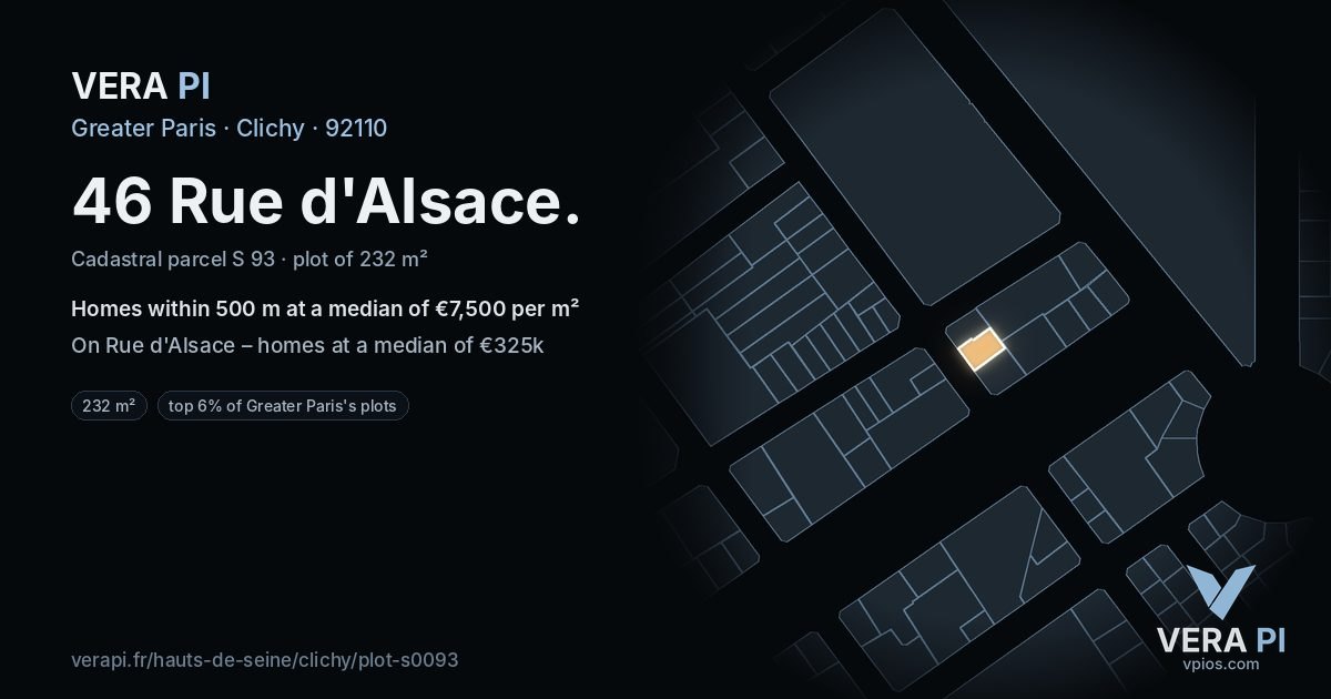 46 Rue d'Alsace, Clichy at night – the plot lit, the parcels around coloured by the prices near them