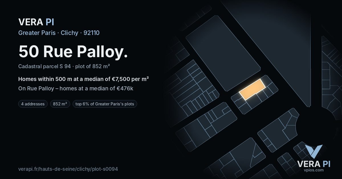 50 Rue Palloy, Clichy at night – the plot lit, the parcels around coloured by the prices near them