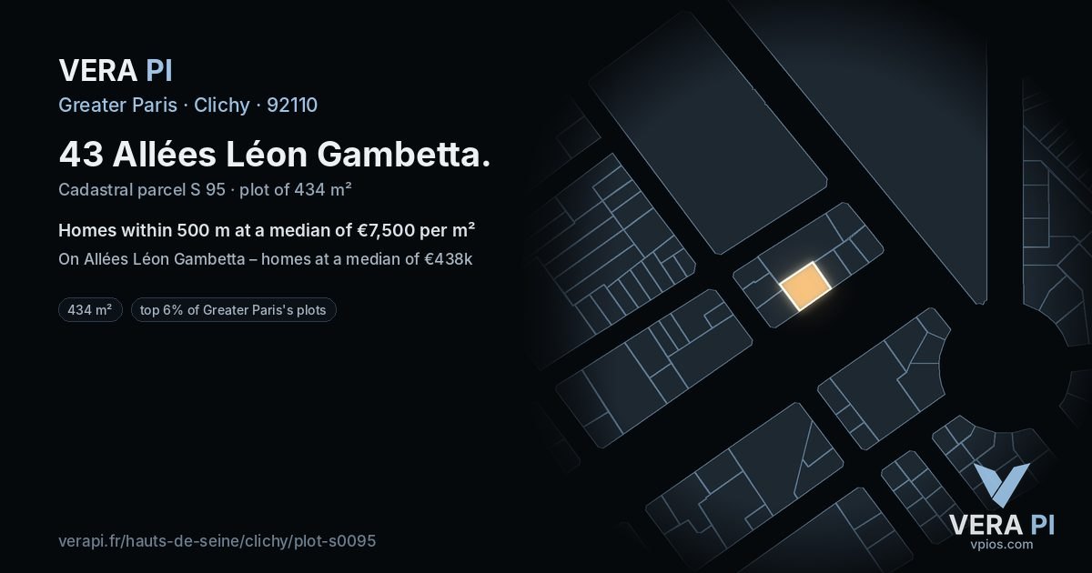 43 Allées Léon Gambetta, Clichy at night – the plot lit, the parcels around coloured by the prices near them