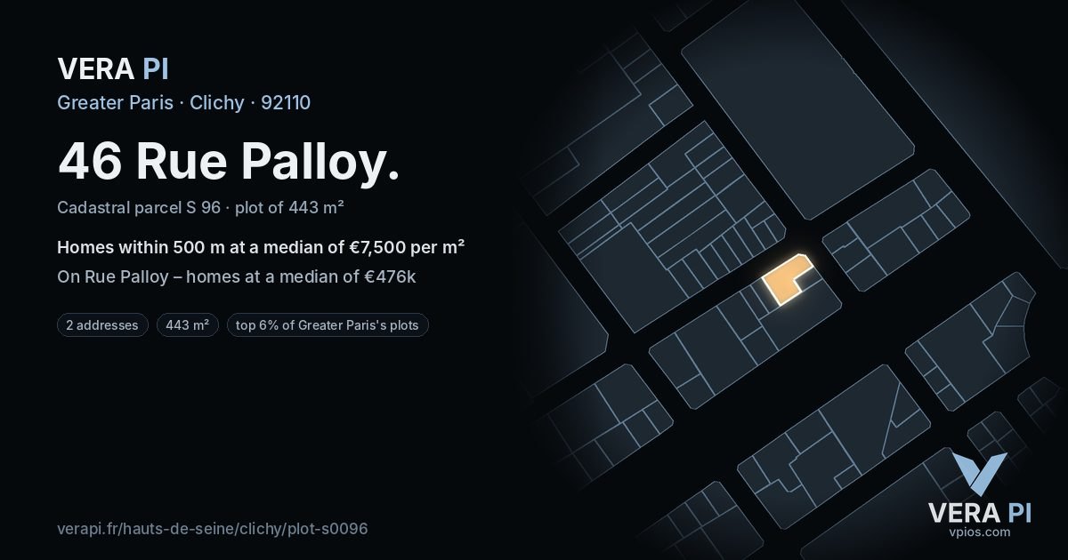 46 Rue Palloy, Clichy at night – the plot lit, the parcels around coloured by the prices near them